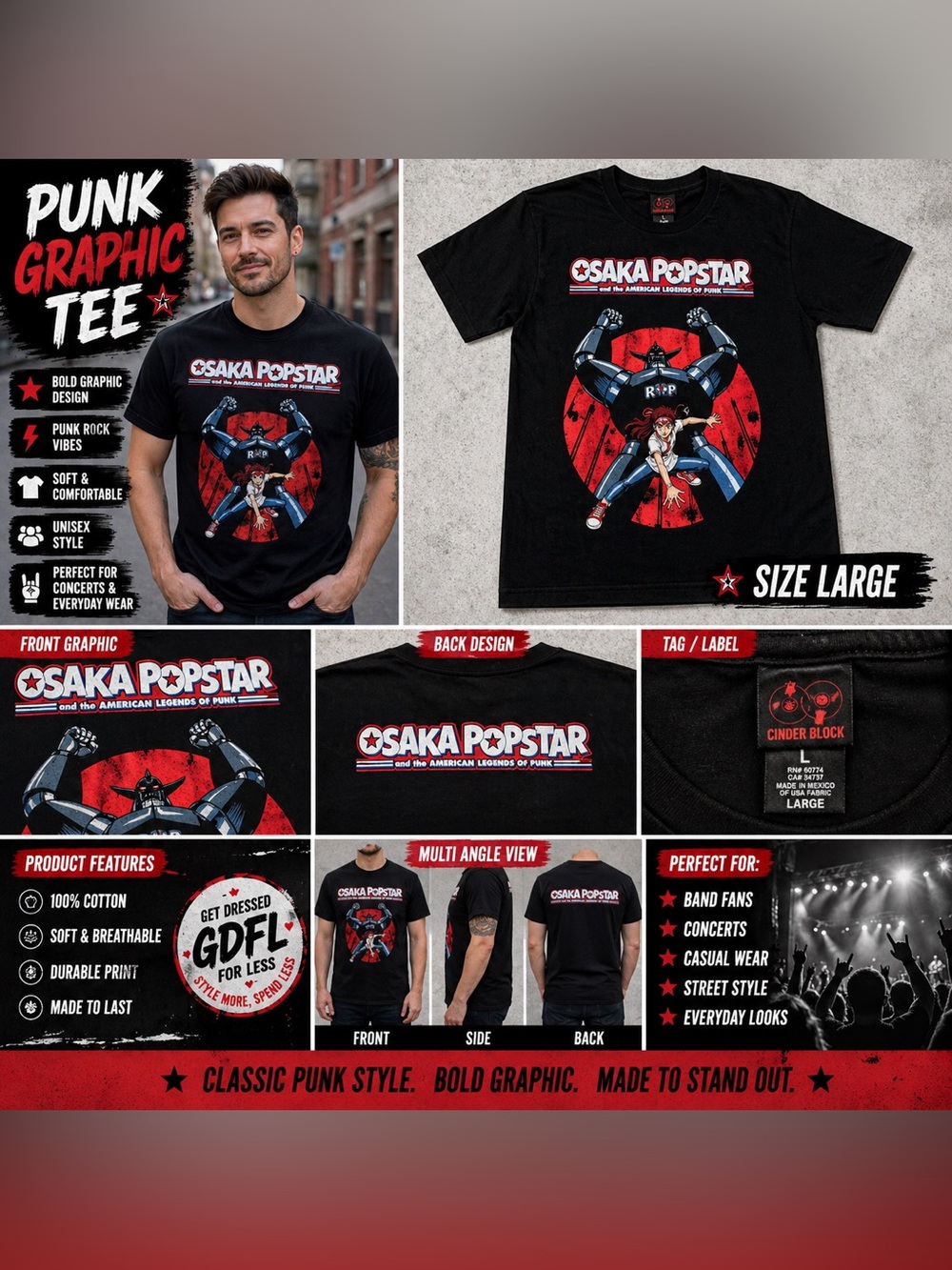 Osaka Popstar Punk Graphic T Shirt Large Black Cinder Block Band Tee
